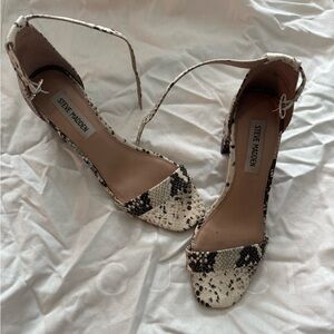 Steve Madden Snake-Print Ankle Strap Heels in Cream and Black